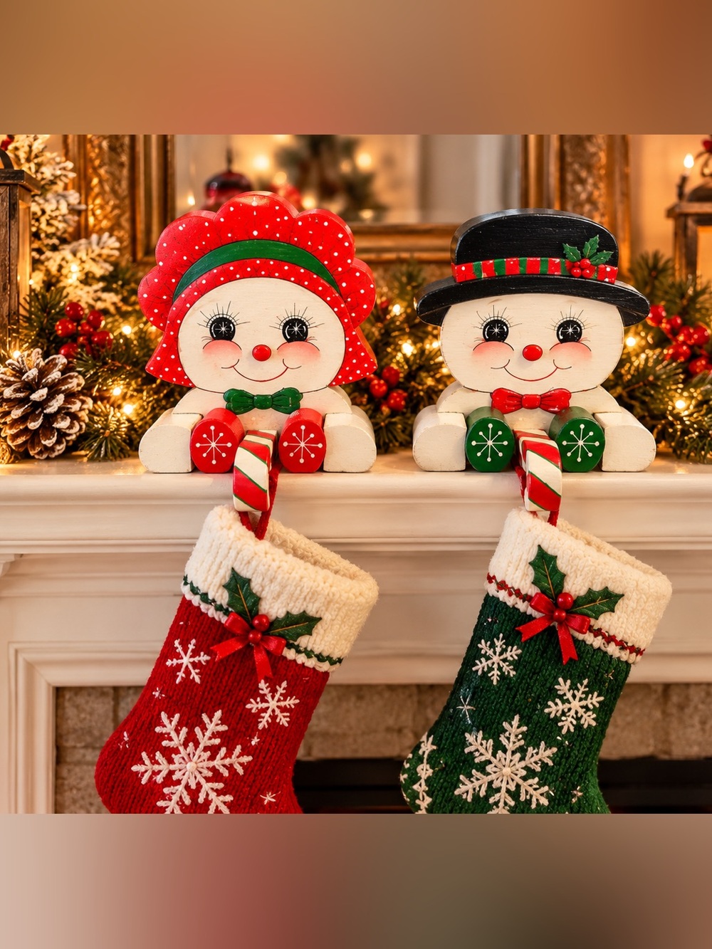 Vintage Wood Snowman Couple Stocking Holders Christmas Mantel Decor Set of 2
